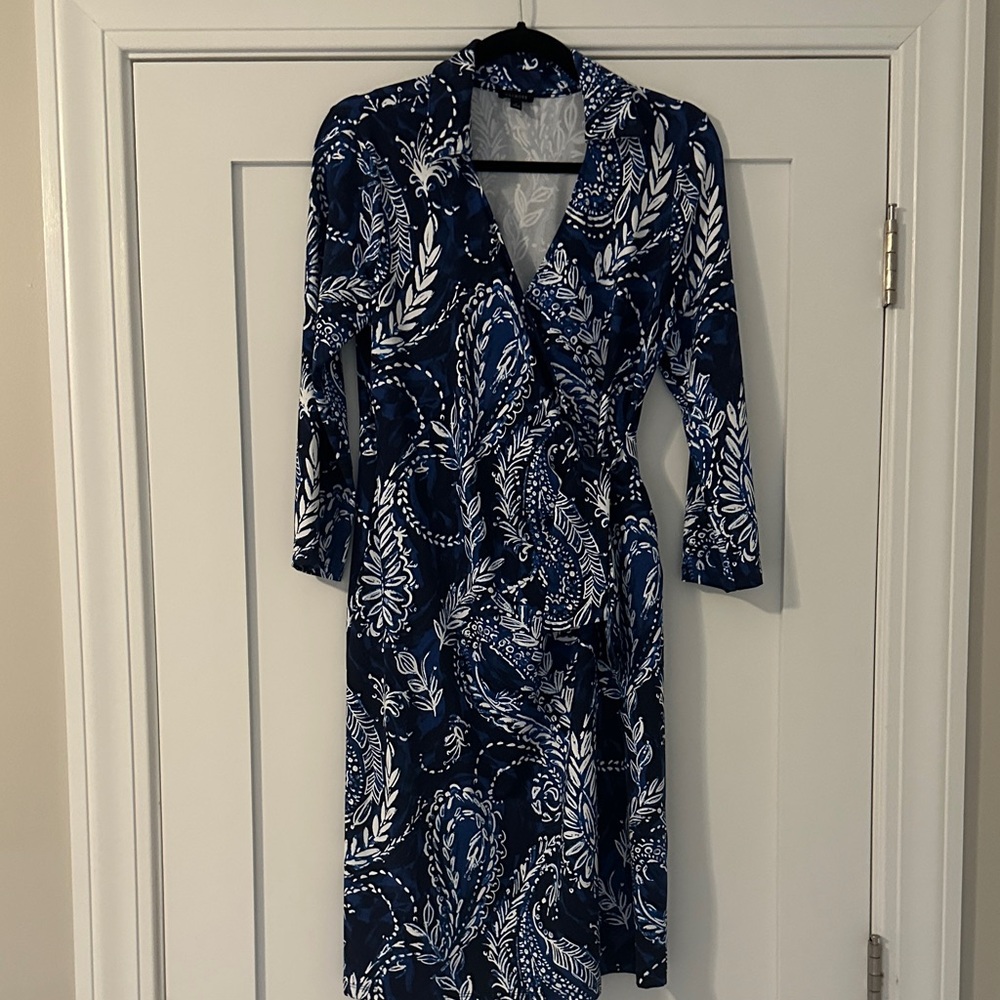 Talbots Navy and White Paisley Long Sleeve Dress